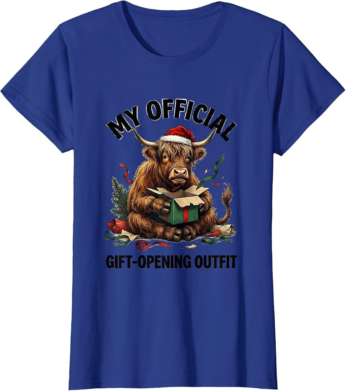 Women's My Official Gift-Opening Outfit Funny Highland Cow Christmas T-Shirt - Royal Blue