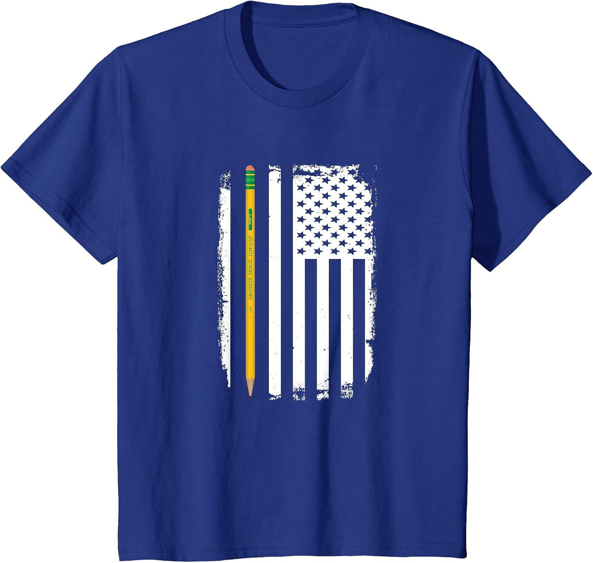 Thin Pencil Line American Flag Teacher T-Shirt - Royal Blue