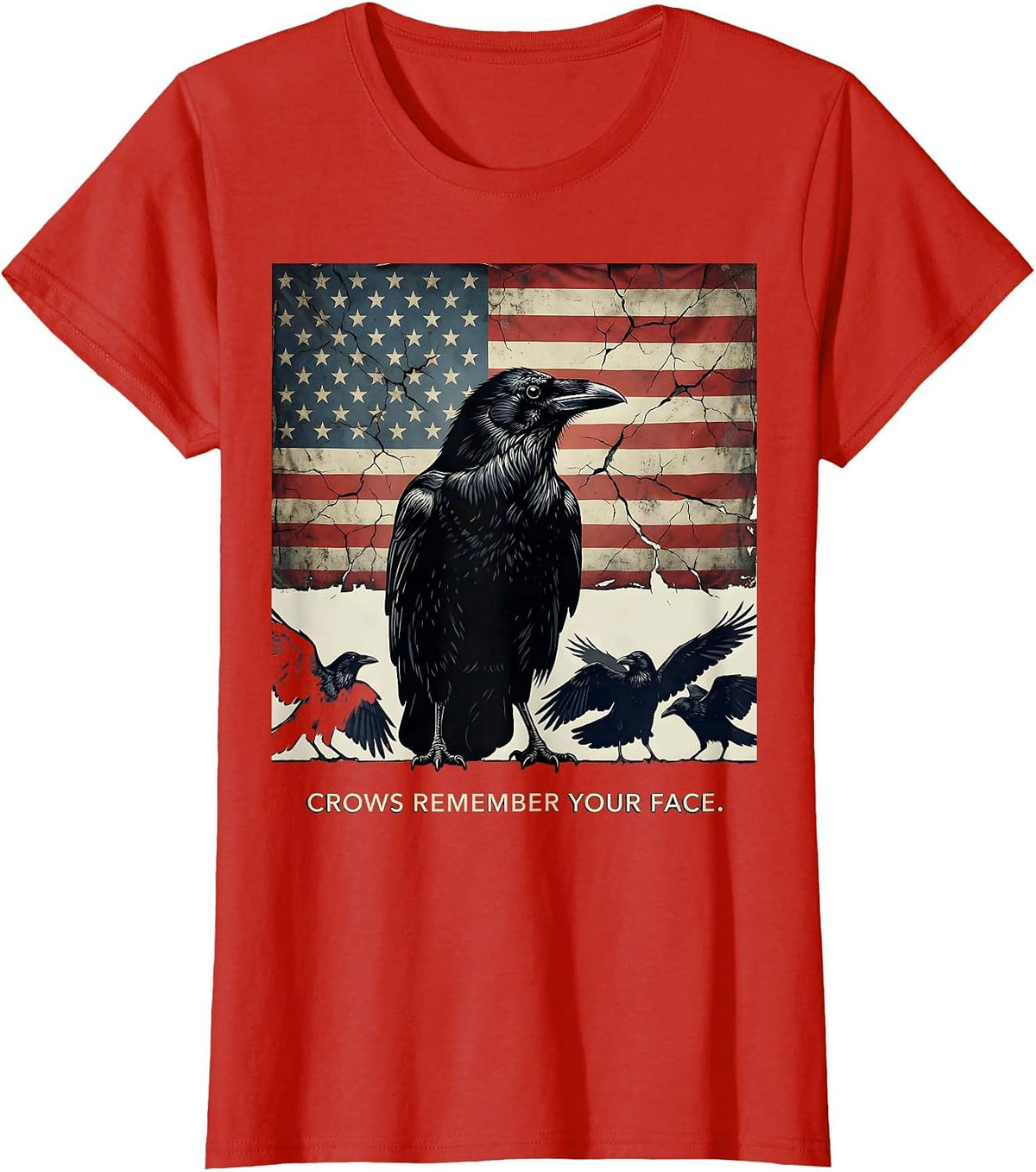 Women's Crows Remember Your Face Crow Warning Design T-Shirt - Red