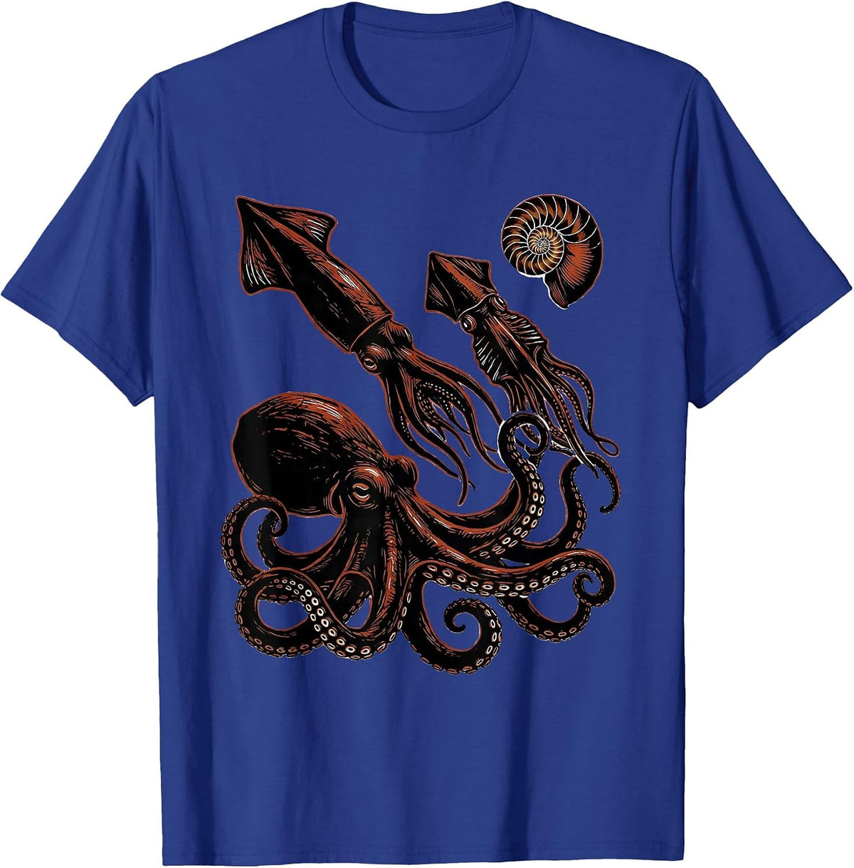 Cephalopod Silhouettes Linocut Octopus Lover Marine Biology T-Shirt - Royal Blue