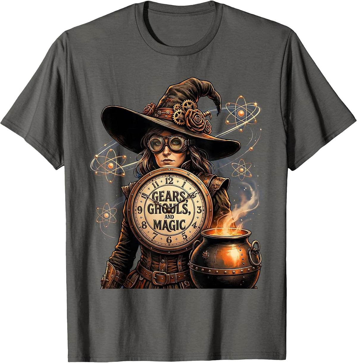 Gears Ghouls and Magic Steampunk Witch Design T-Shirt - Asphalt Grey
