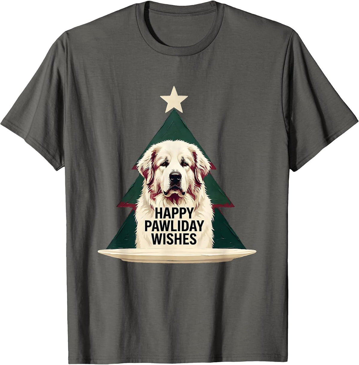 Happy Pawliday Wishes Funny Great Pyrenees Christmas Dog T-Shirt - Asphalt Grey