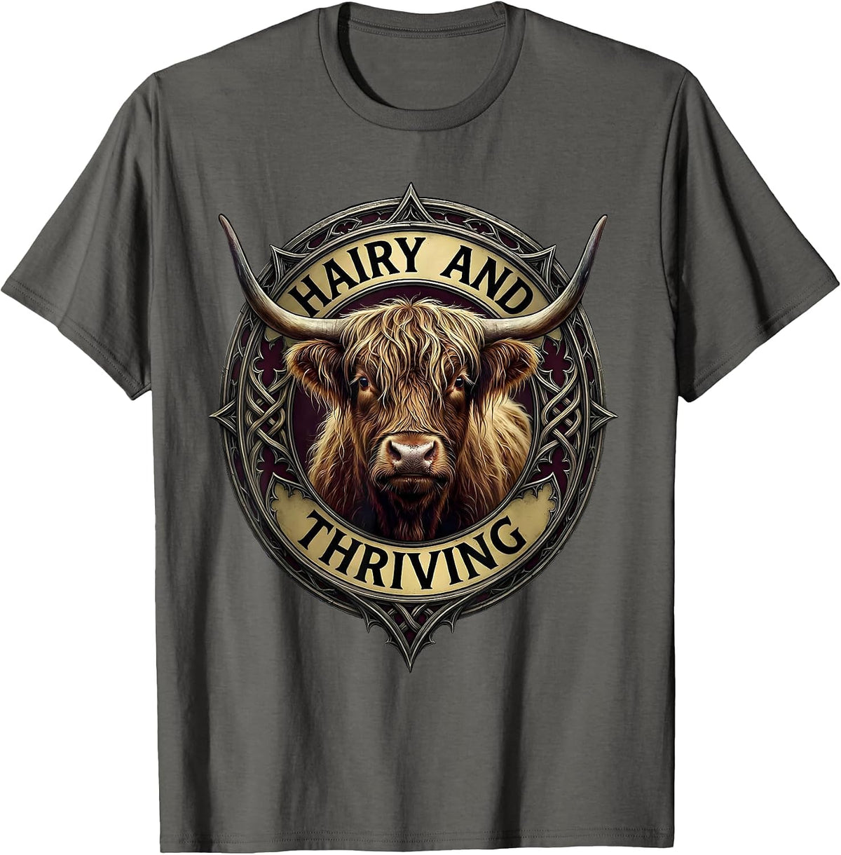 Hairy and Thriving Highland Cow Design T-Shirt - Asphalt Grey
