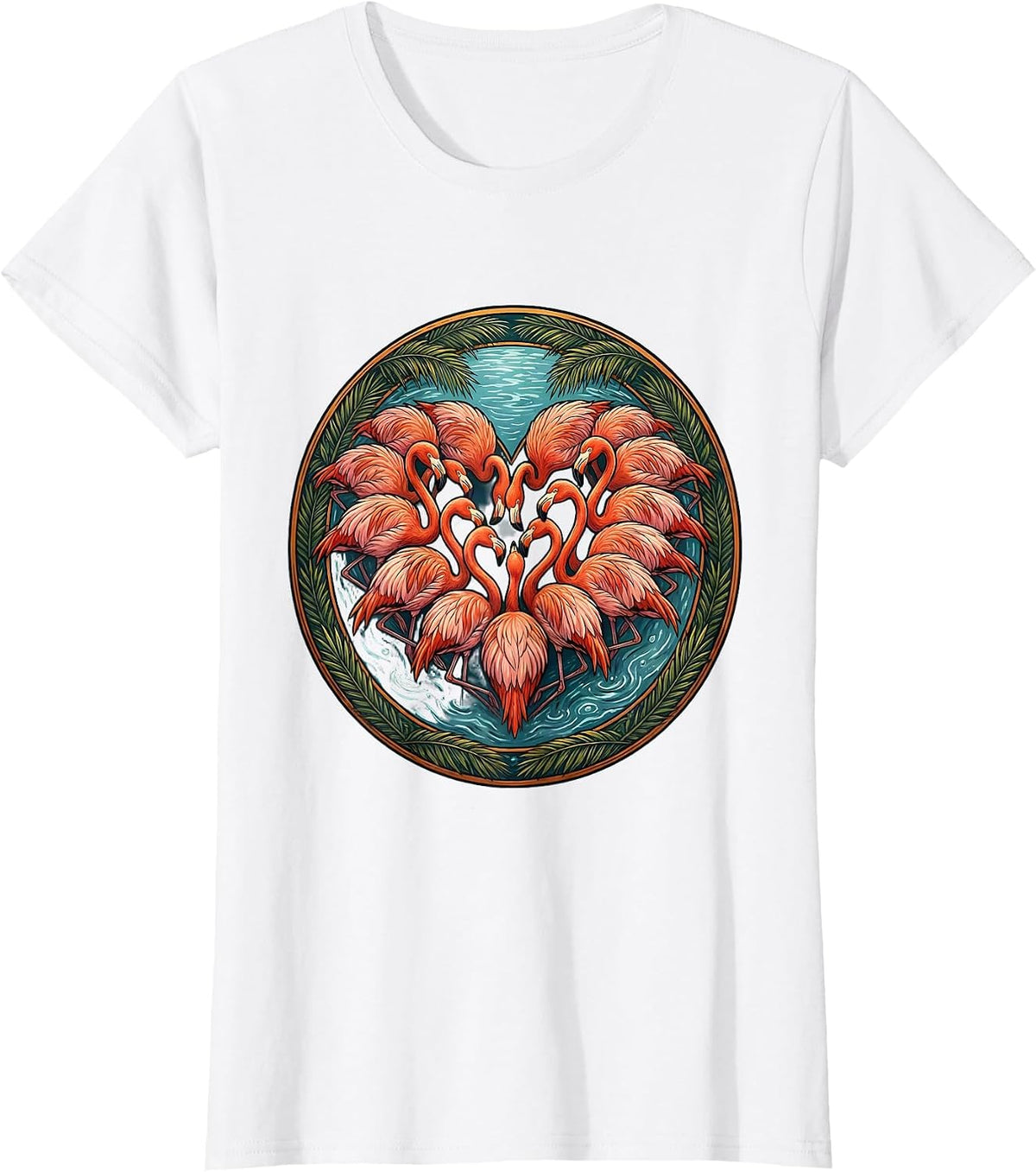 Women's Flamingo Flock Heart Shape Love Nature Art T-Shirt - White