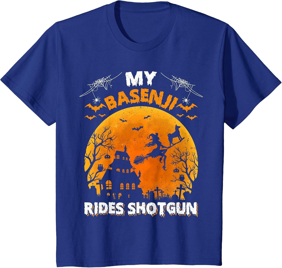 My Basenji Rides Shotgun Basenji Dog Halloween T-Shirt - Royal Blue