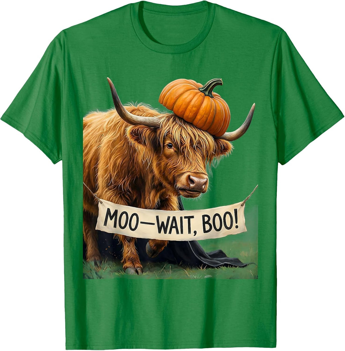 Men's Moo—Wait, Boo! Storybook Highland Cow Halloween Costume T-Shirt - Kelly Green