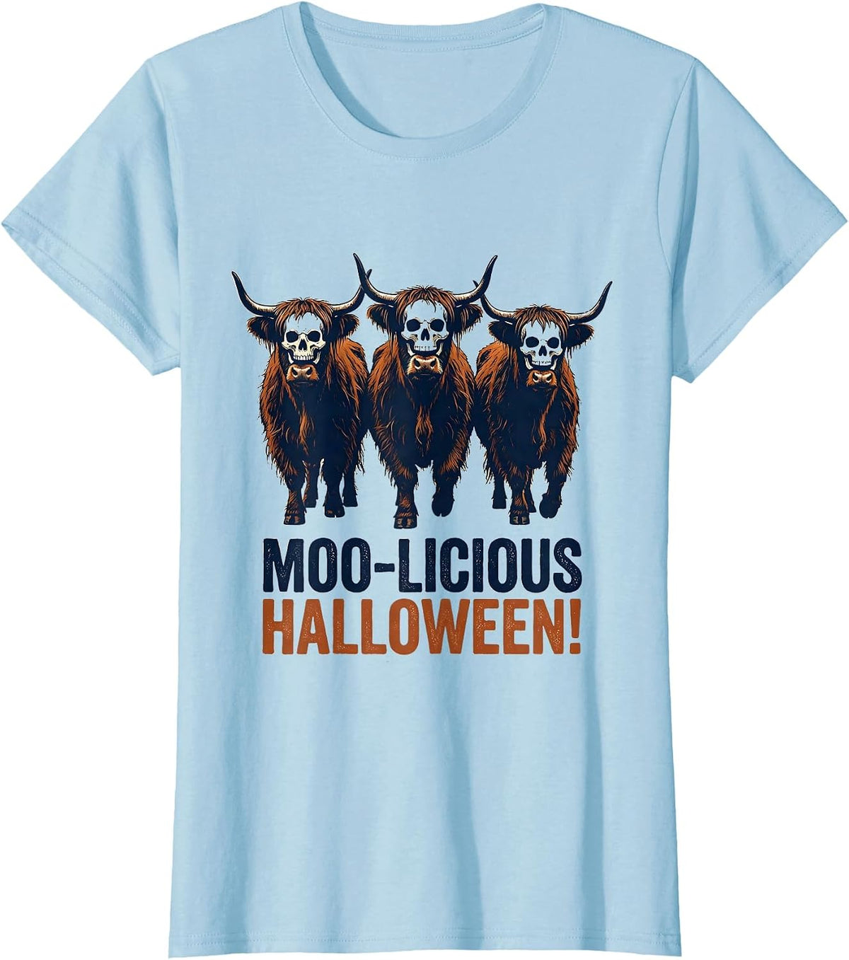Moo-licious Halloween! Funny Highland Cow Halloween Humor T-Shirt - Baby Blue