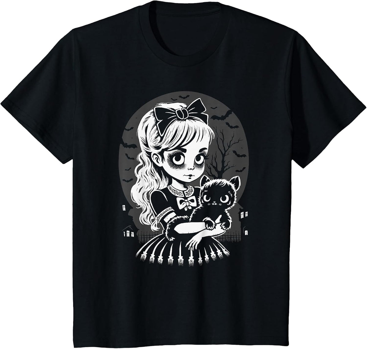 Goth Girl Holding A Black Cat On Halloween Night T-Shirt - Black