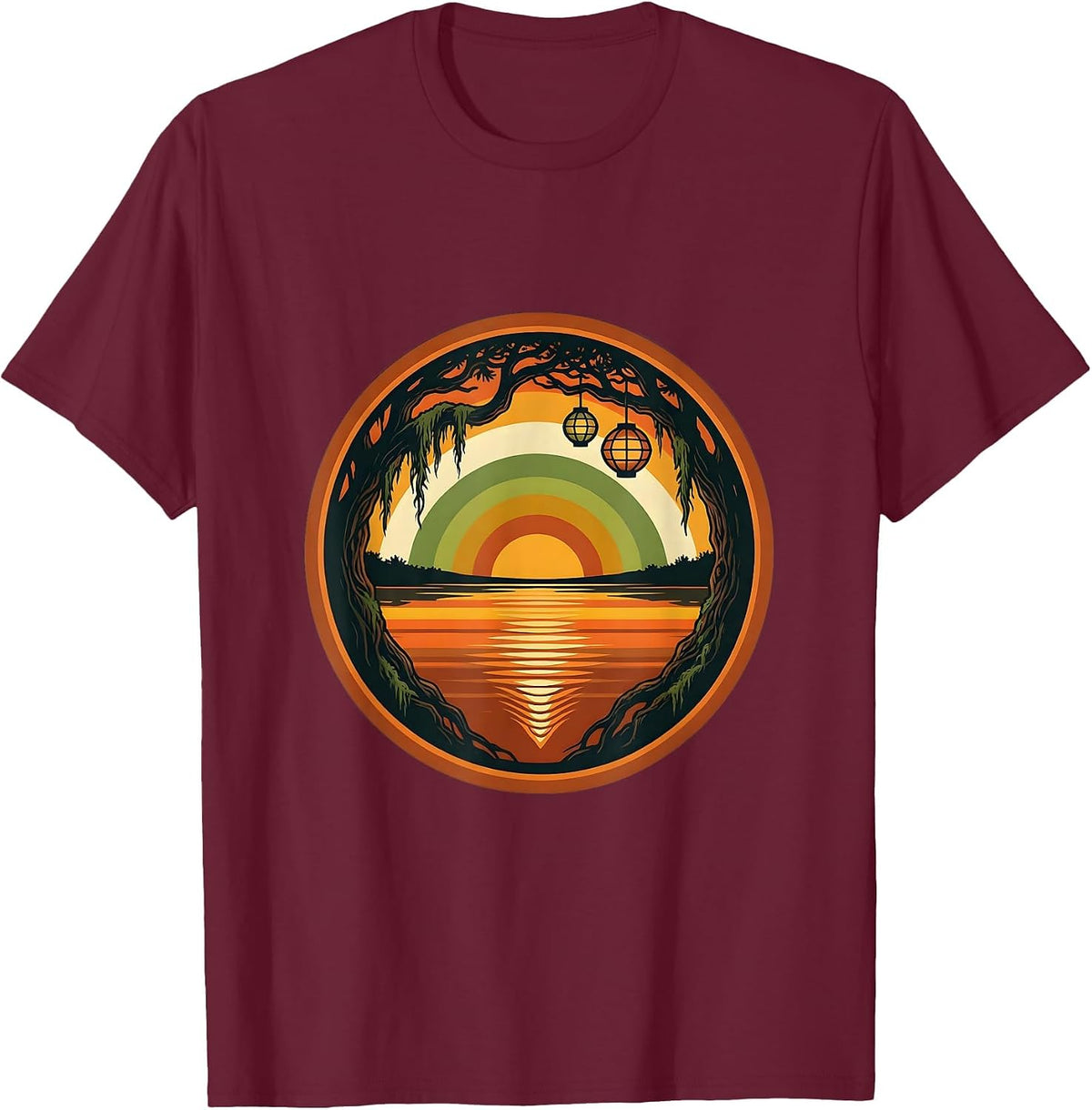 Mardi Gras Bayou Lantern Reflection Scene T-Shirt - Burgundy