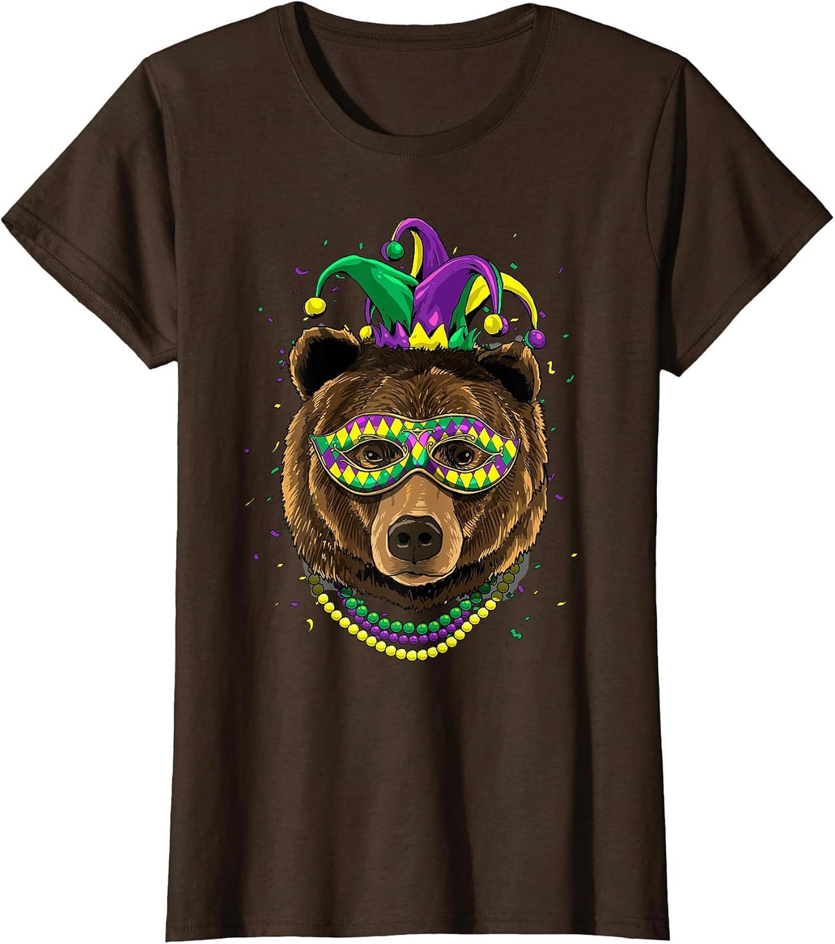 Bear Animal Lover Cute Mardi Gras Carnival Jester T-Shirt, Women, Brown, Medium - As Pictured