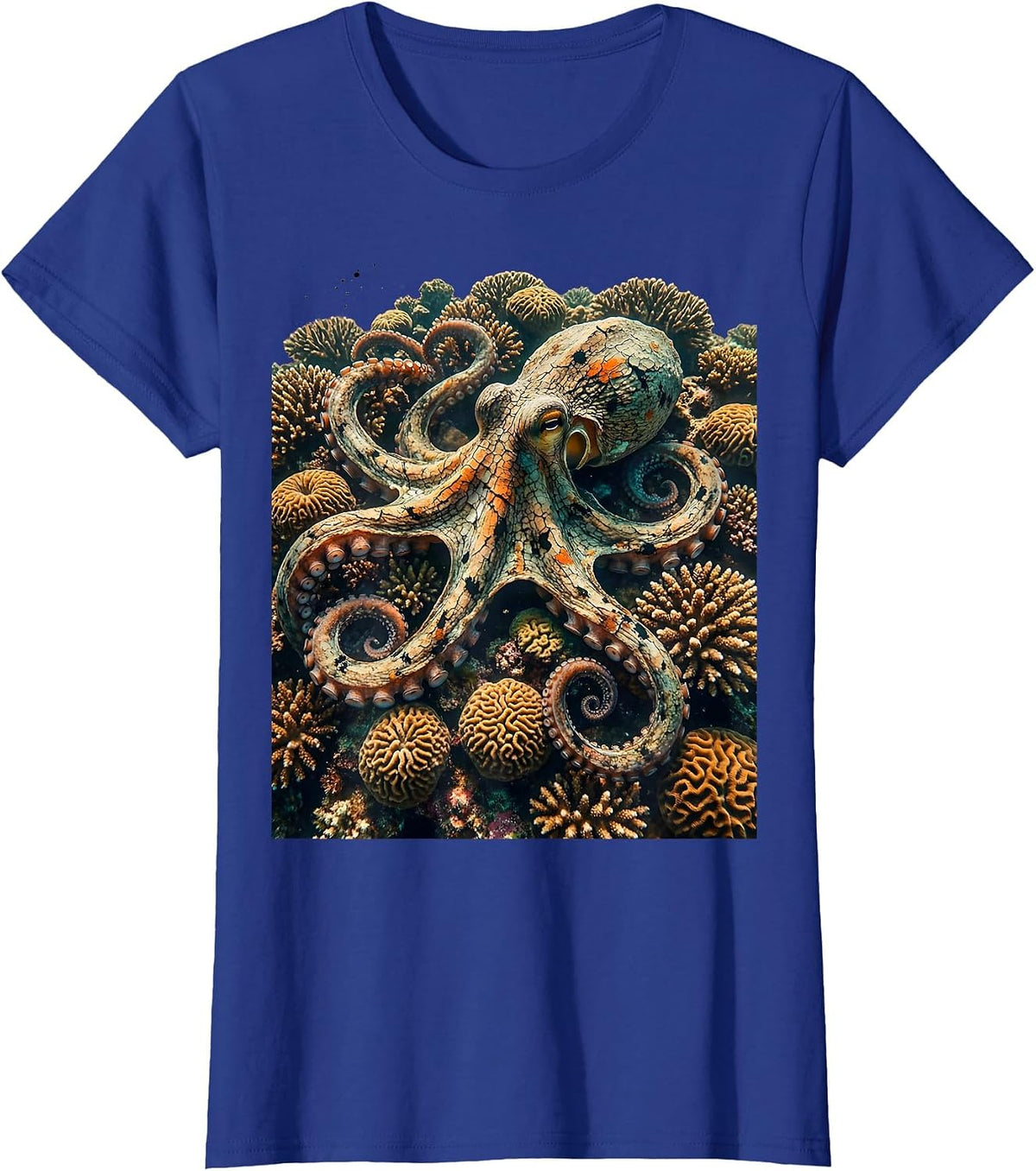 Women's Octopus Hiding in Colorful Coral Hawaiian Design T-Shirt - Royal Blue