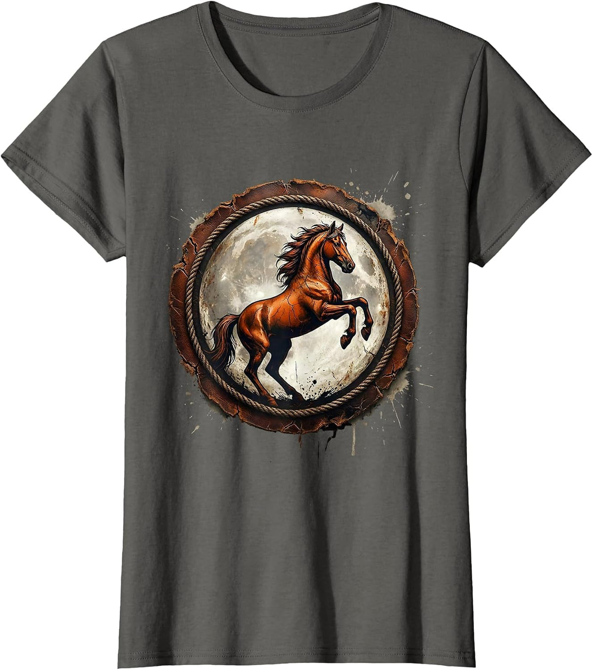 Women's Rearing Horse Full Moon Western Night Sky T-Shirt - Asphalt Grey