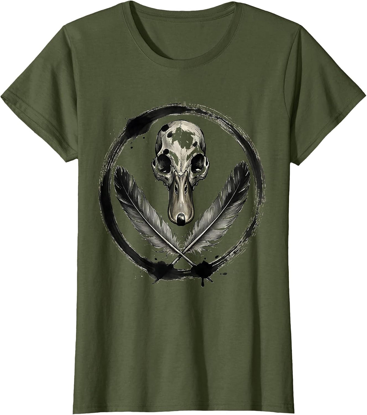 Women's Duck Skull Crossed Feathers Gothic Nature Design T-Shirt - Olive Green
