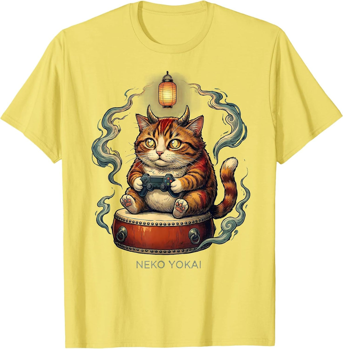 Men's Neko Yokai Funny Cat Anime Gaming Ramen Cat Lover T-Shirt - Lemon Yellow