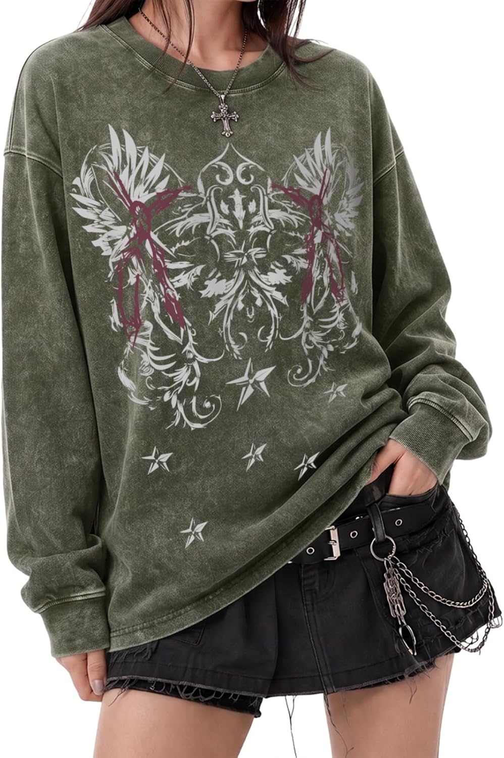 Y2K Gothic Graphic Shirts for Women Emo Grunge Long Sleeve Tees - Green