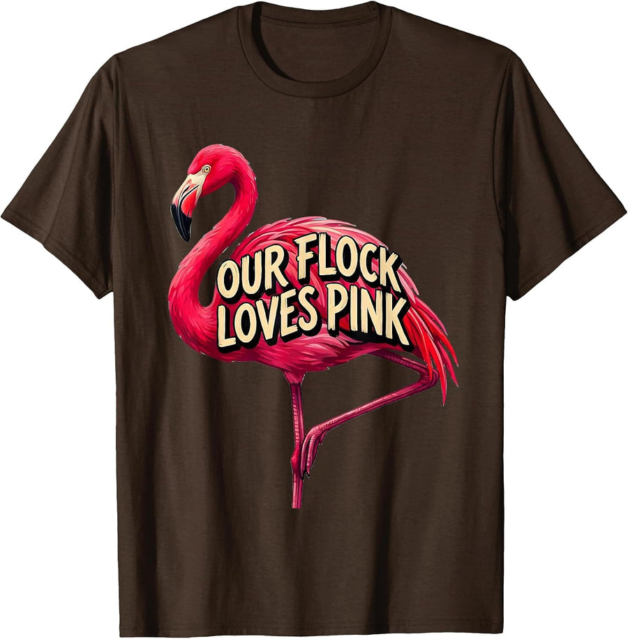 Men's Our Flock Loves Pink Funny Flamingo Novelty Bird Lover Gift T-Shirt - Brown