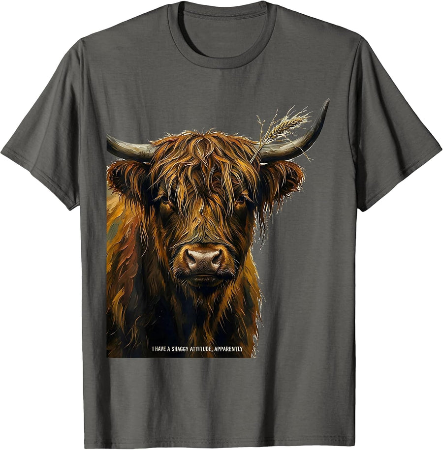 I Have A Shaggy Attitude Apparently Funny Highland Cow Farm T-Shirt - Asphalt Grey