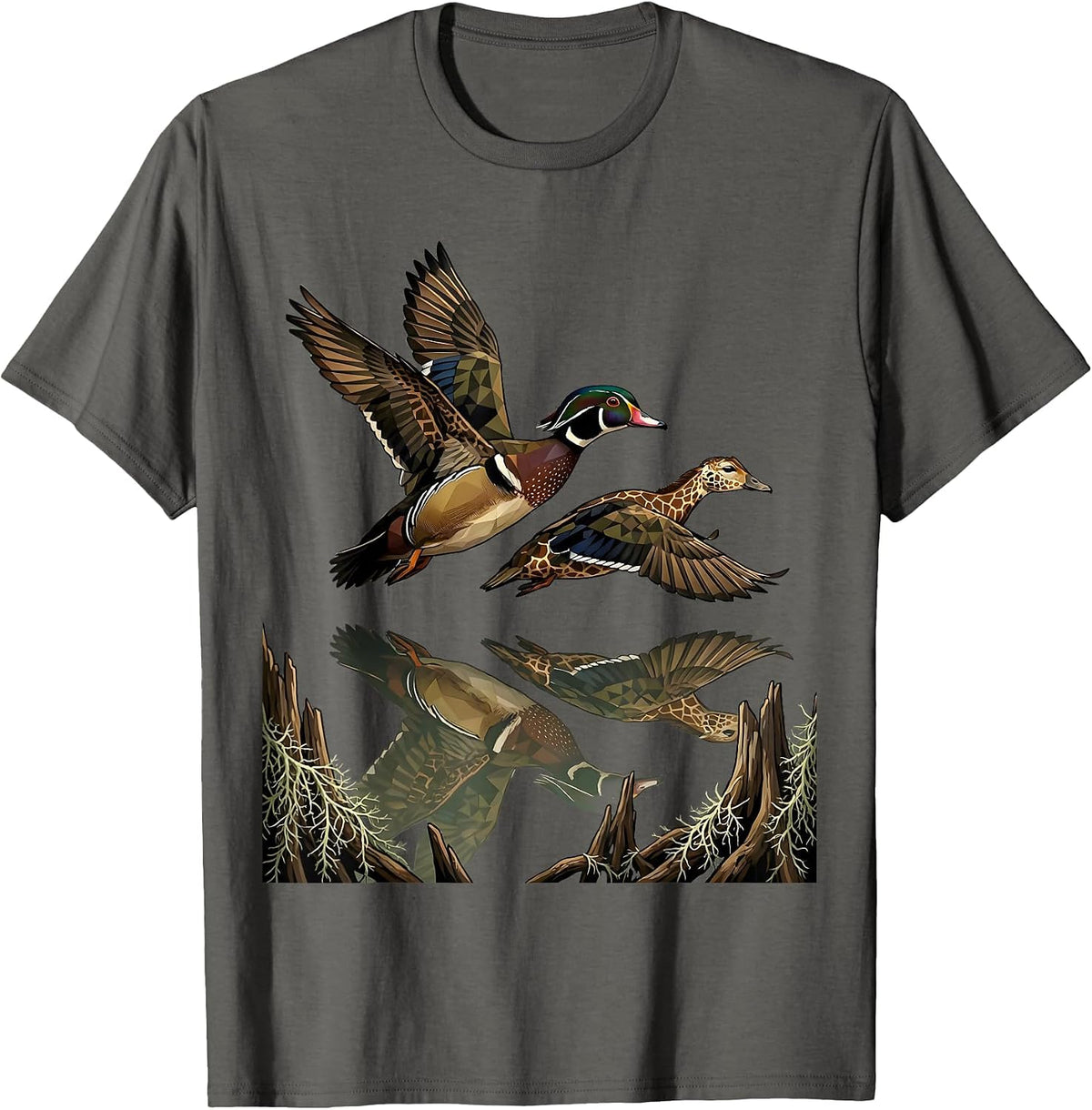 Men's Wood Duck Pair Bottomland Camo Waterfowl Design T-Shirt - Asphalt Grey