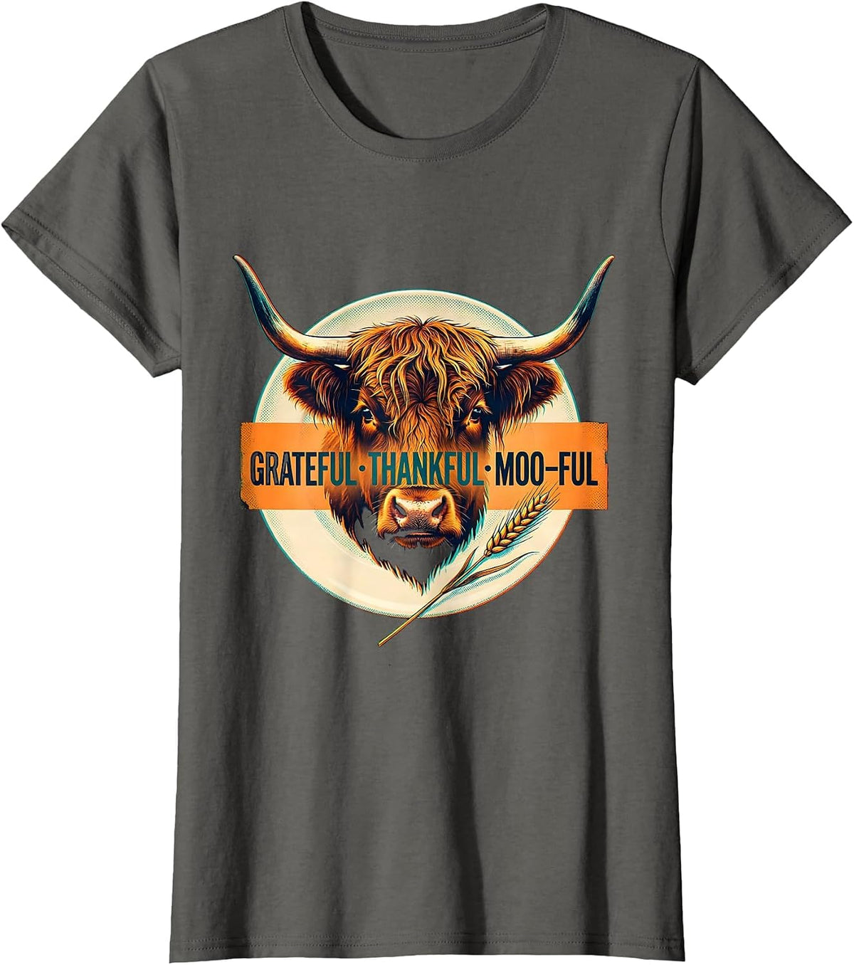 Women's Grateful Thankful Moo-ful Highland Cow Farm Animal T-Shirt - Asphalt Grey