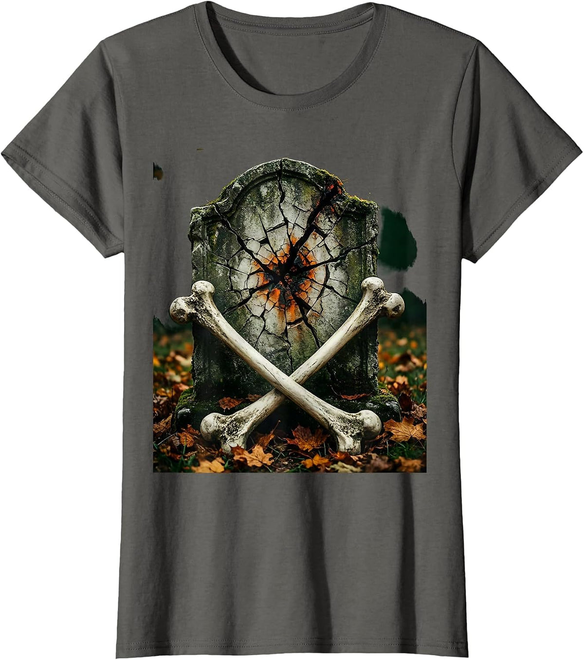 Women's Vintage Halloween Cracked Tombstone Crossed Bones T-Shirt - Asphalt Grey