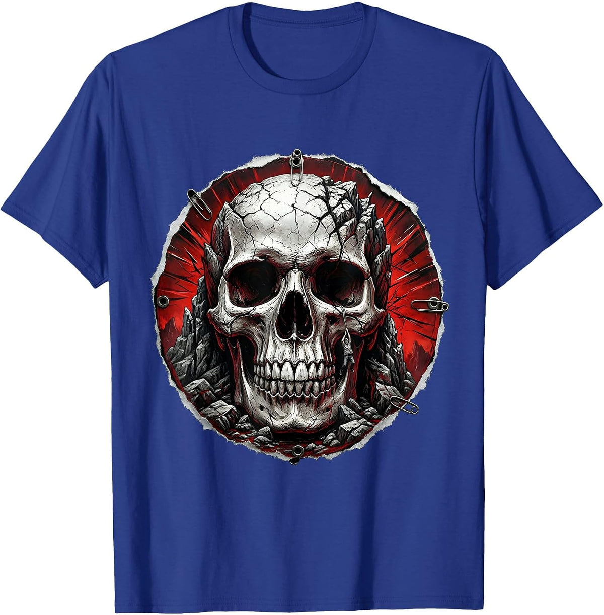 Rock Climber Hanging From Giant Skull Cliff T-Shirt - Royal Blue