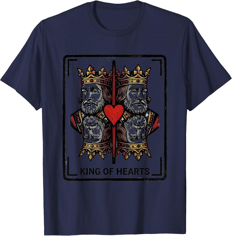 King of Hearts Woodcut Engraving Poker Player Casino Humor T-Shirt - Navy Blue