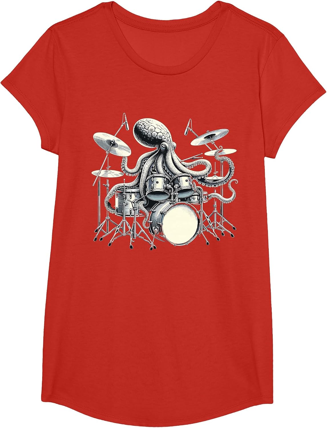 Octopus Playing Drums Drummer T-Shirt - Girls Red