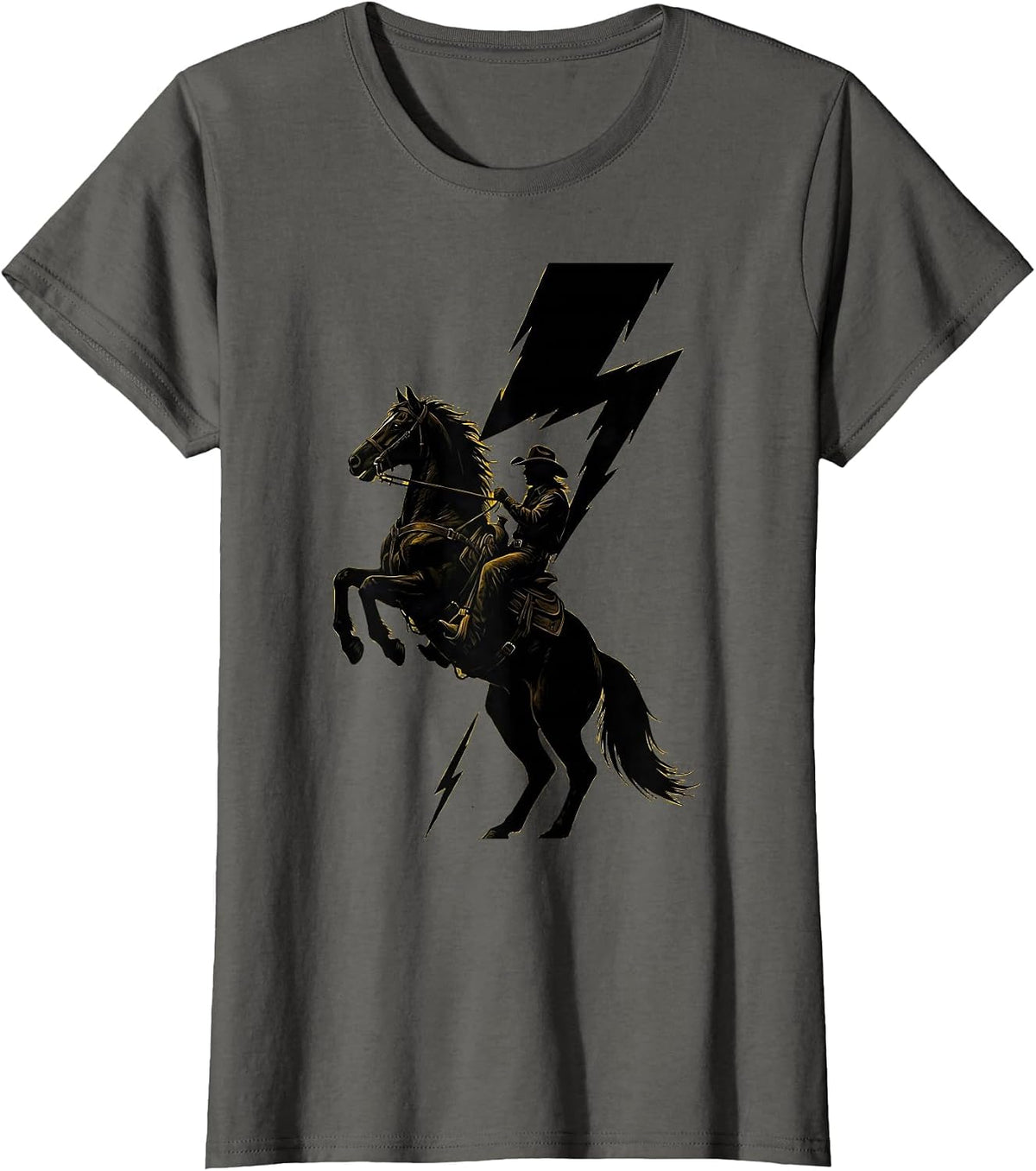 Women's Rearing Horse Lightning Bolt Cowboy Design T-Shirt - Asphalt Grey