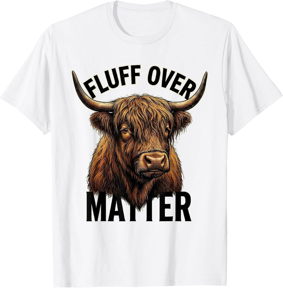 Men's Fluff Over Matter Funny Highland Cow Illustration T-Shirt - White