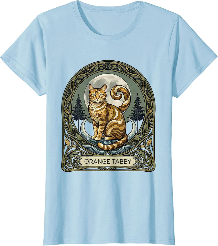 Women's Orange Tabby Art Nouveau Moonlit Cat Breed Portrait 90s T-Shirt - Baby Blue