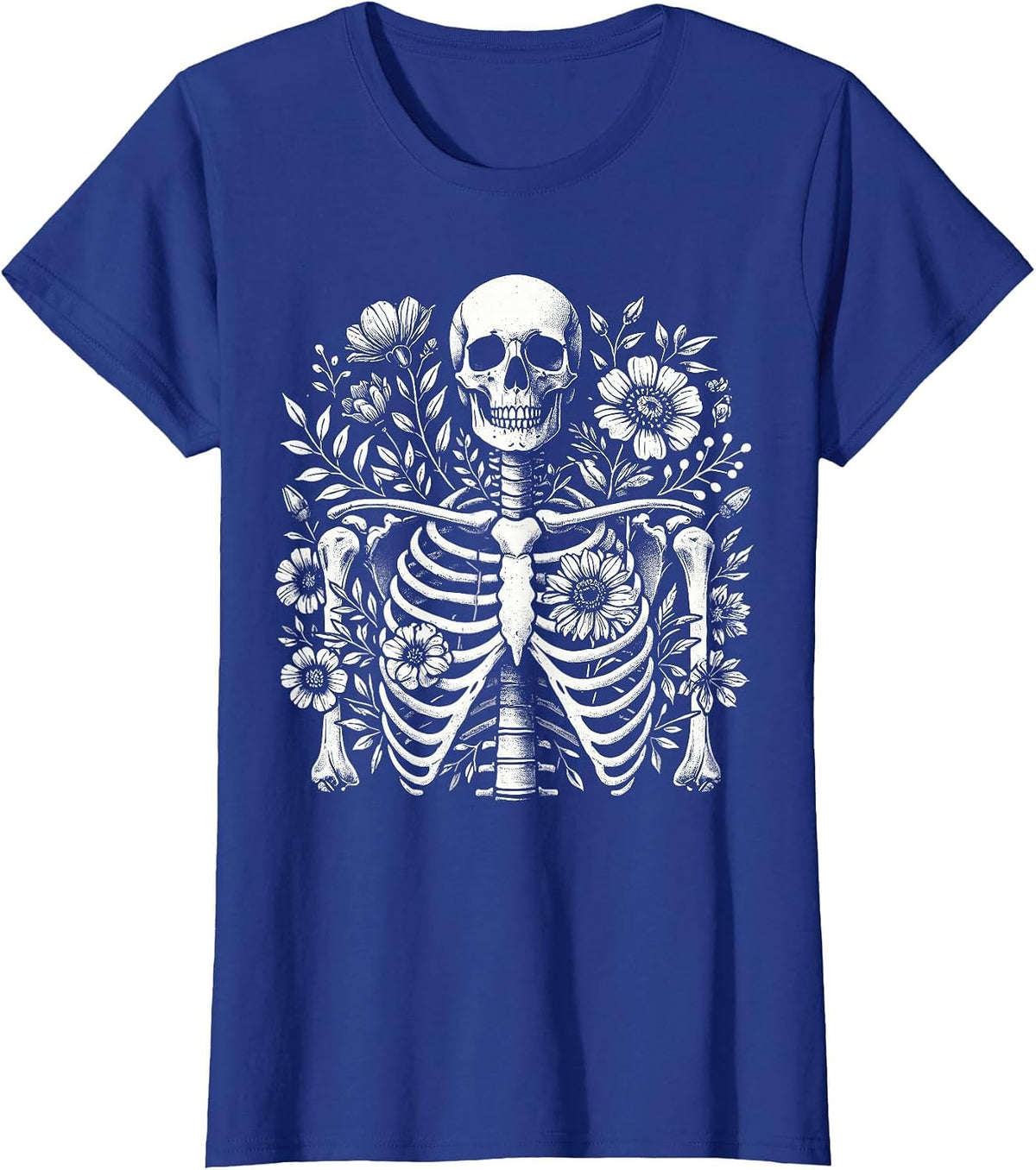 Halloween Floral Skeleton Flowers Goth Aesthetic T-Shirt - Royal Blue