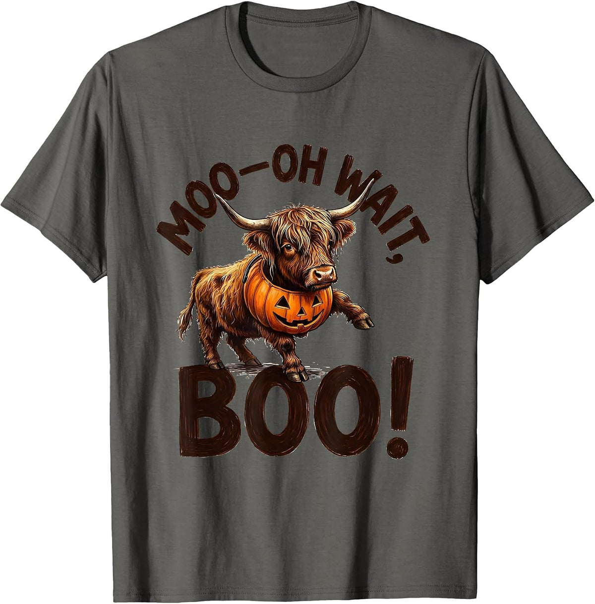 Men's Moo—Oh Wait, Boo! Whimsical Highland Cow Halloween Humor T-Shirt - Asphalt Grey