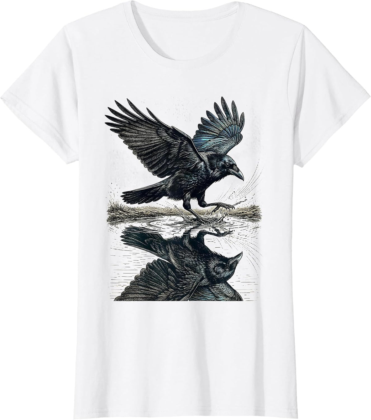 Crow Splashing Through a Puddle Reflection T-Shirt - White