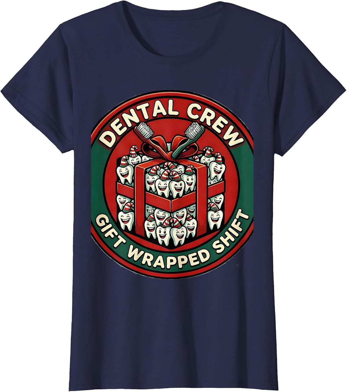 Women's Dental Crew Gift Wrapped Shift Cartoon Dental Team Holiday T-Shirt - Navy Blue