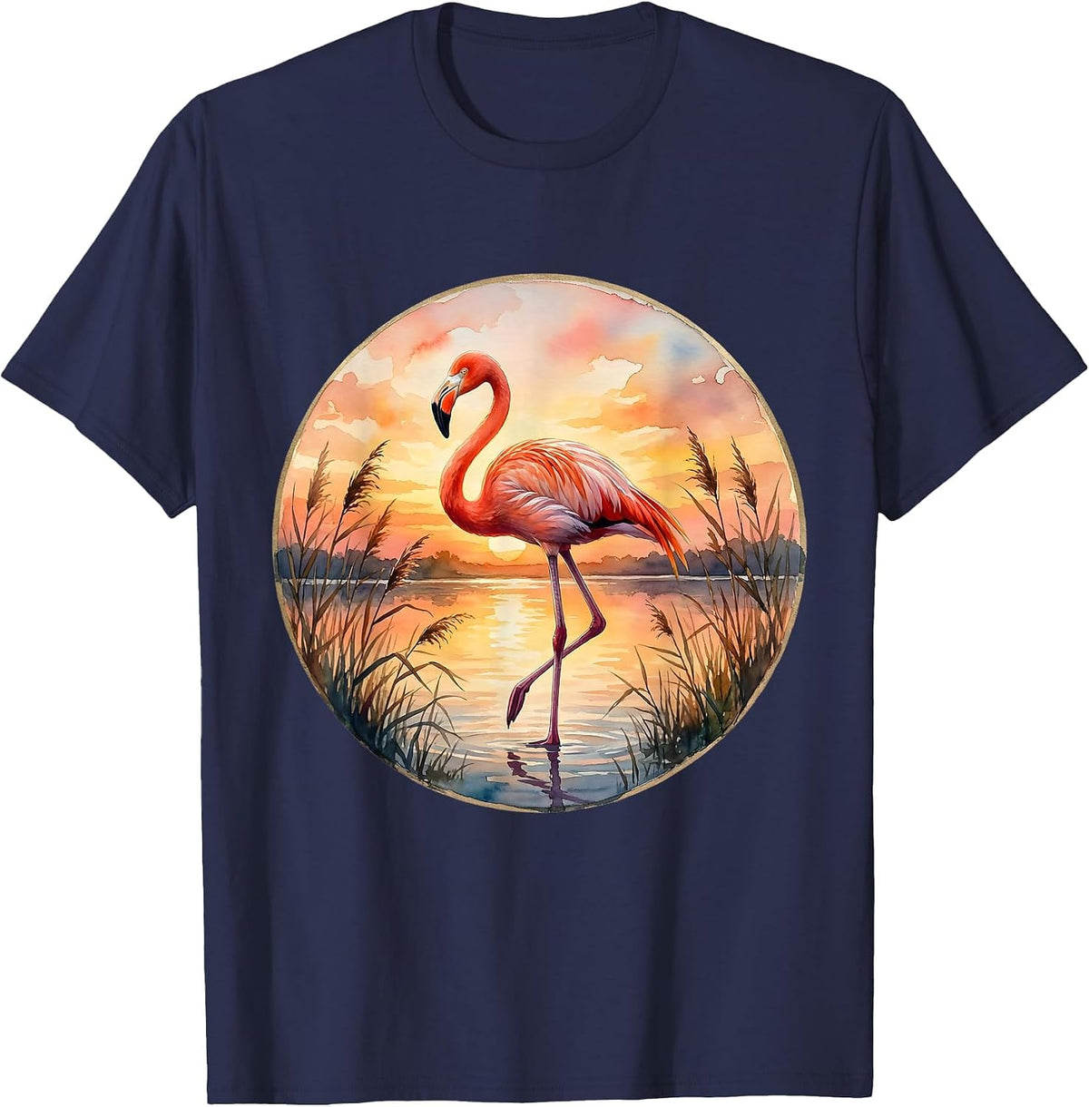 Flamingo Balancing on One Leg at Sunset T-Shirt - Navy Blue