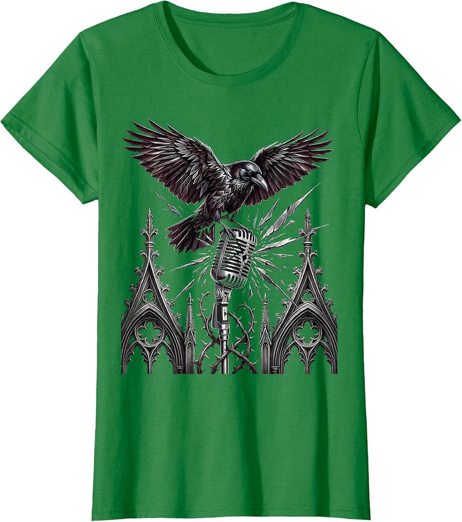 Women's Crow on Broken Microphone Stand Graphic T-Shirt - Kelly Green