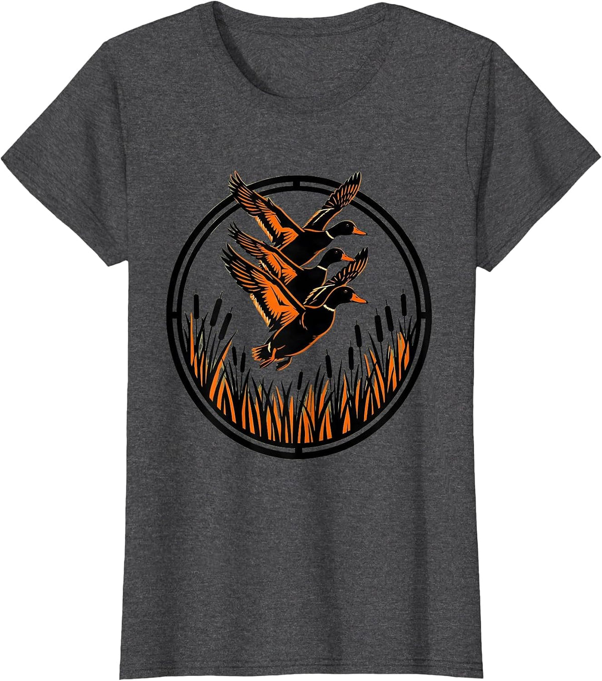 Women's Duck Camo Flock Over Misty Wetlands Illustration T-Shirt - Dark Heather Grey