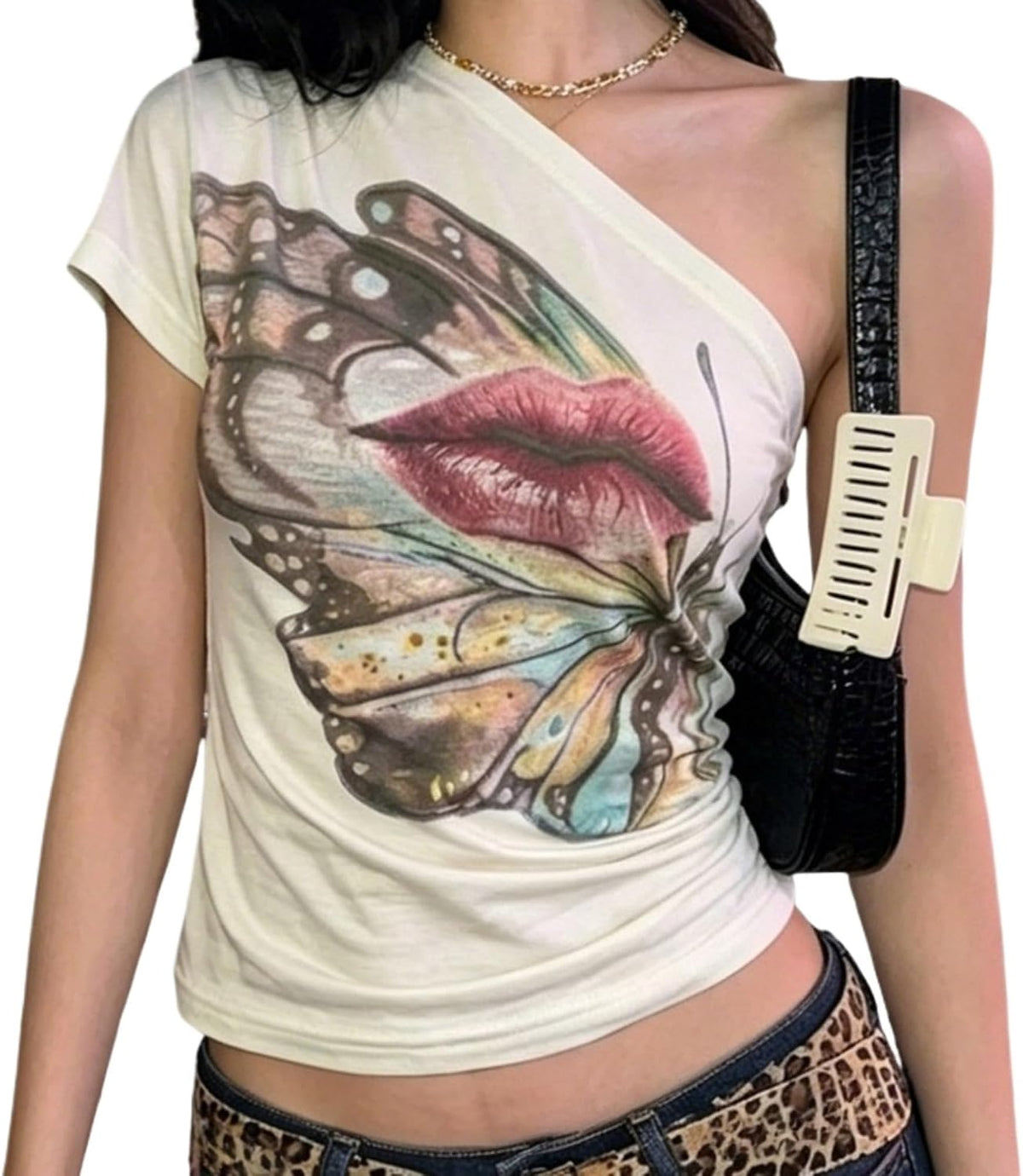 Emo Grunge Shirts Women 2000s Graphic Baby Tees Fake Two Piece Short Sleeve Vintage Y2k Crop Top Goth Alt Clothes - White