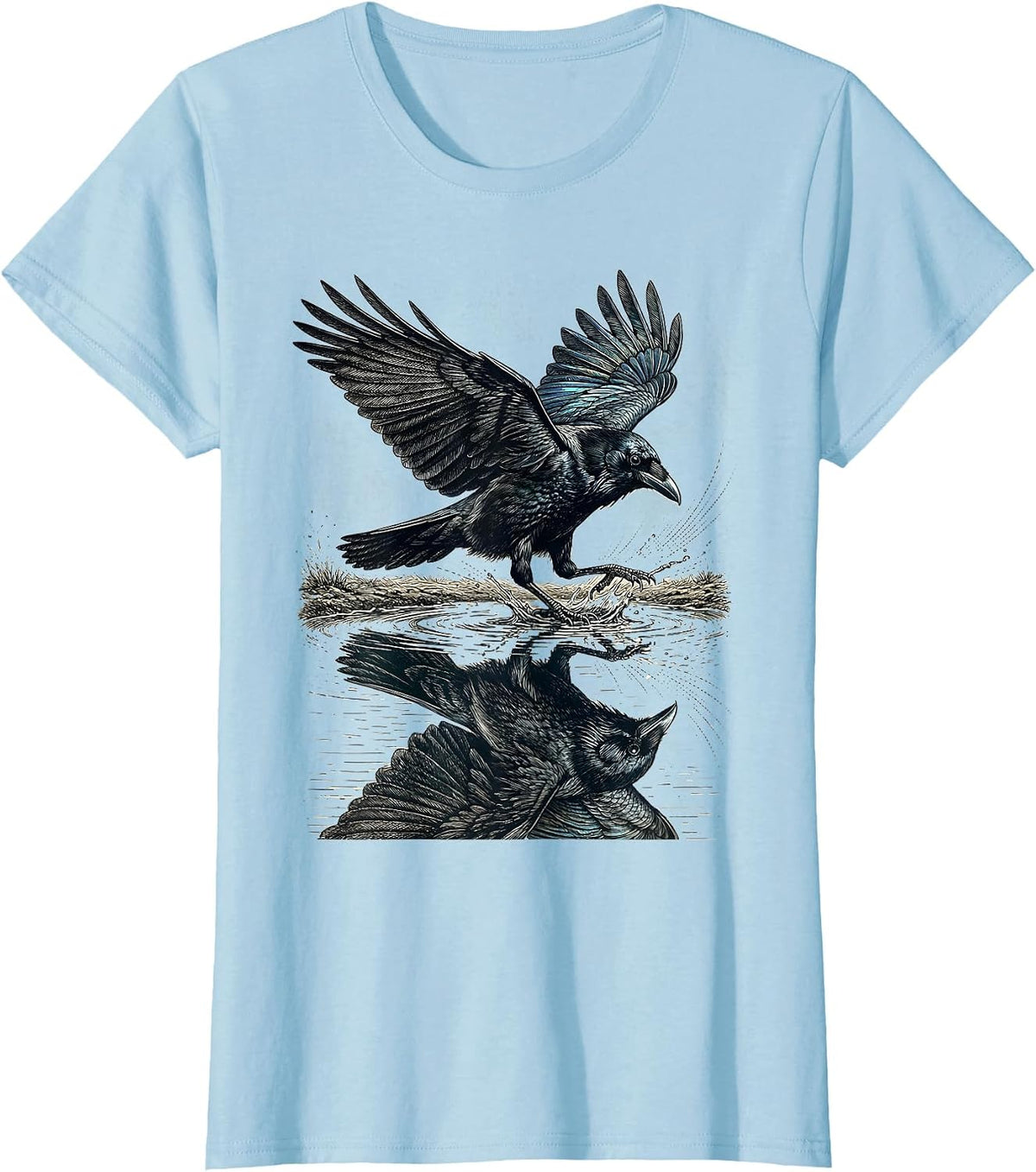 Crow Splashing Through a Puddle Reflection T-Shirt - Baby Blue