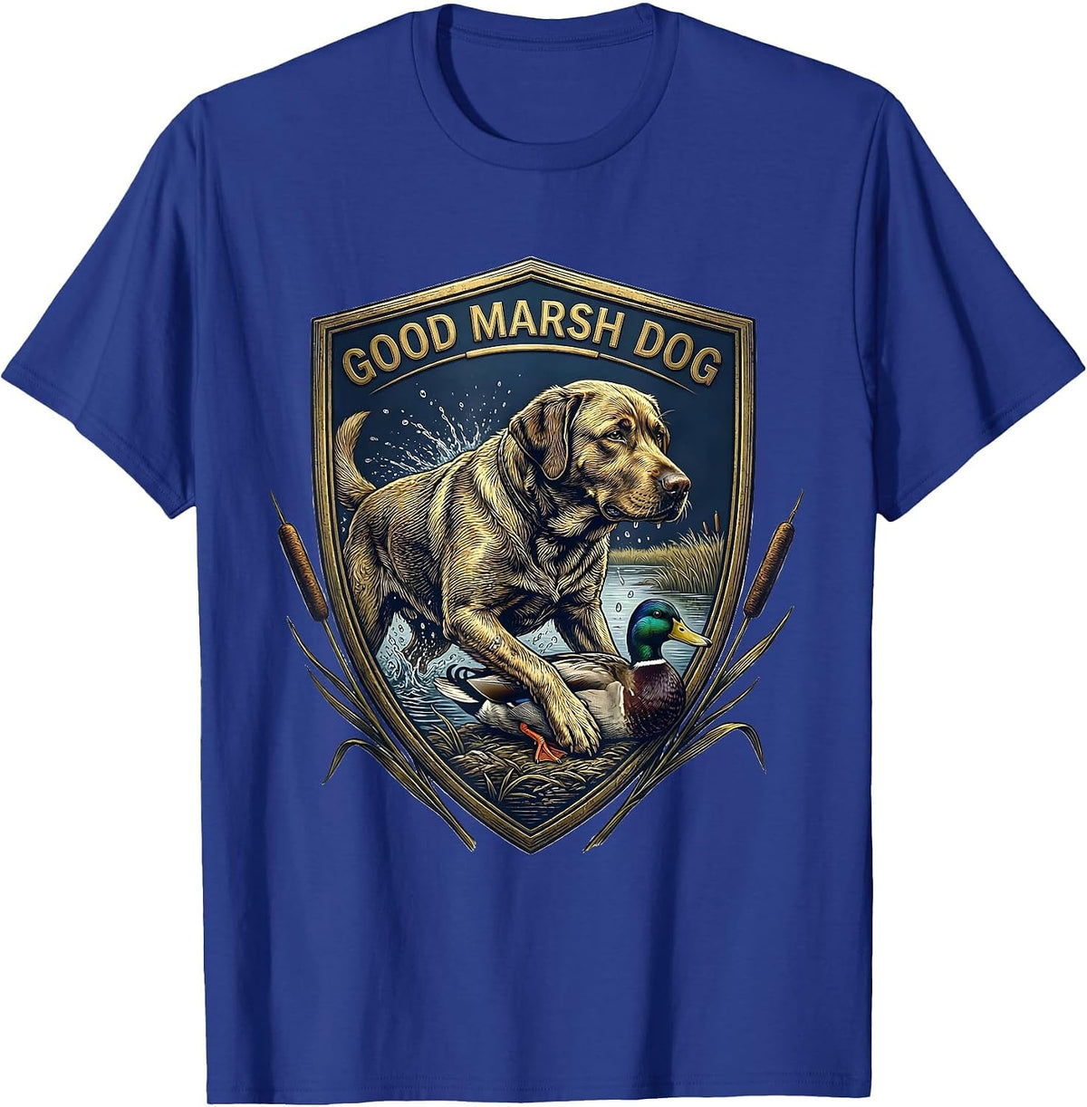 Men's Good Marsh Dog Vintage Emblem Labrador Hunting Dog Duck T-Shirt - Royal Blue