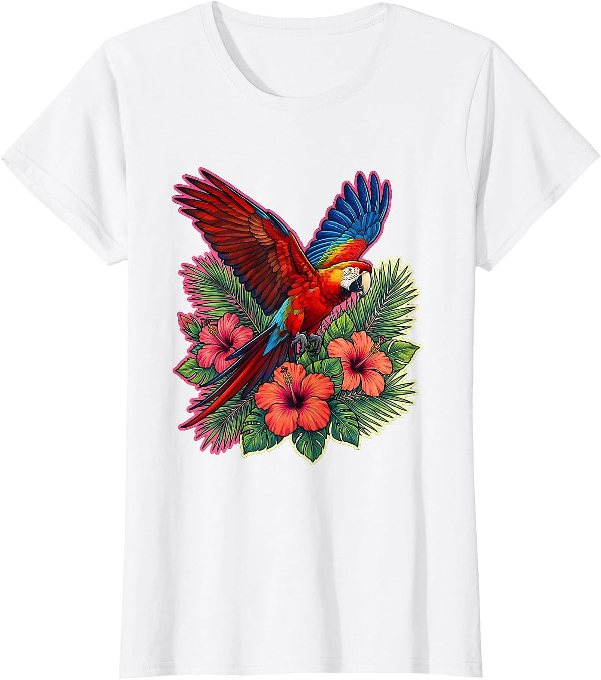 Women's Macaw in Flight Over Jungle Canopy Hawaiian T-Shirt - White