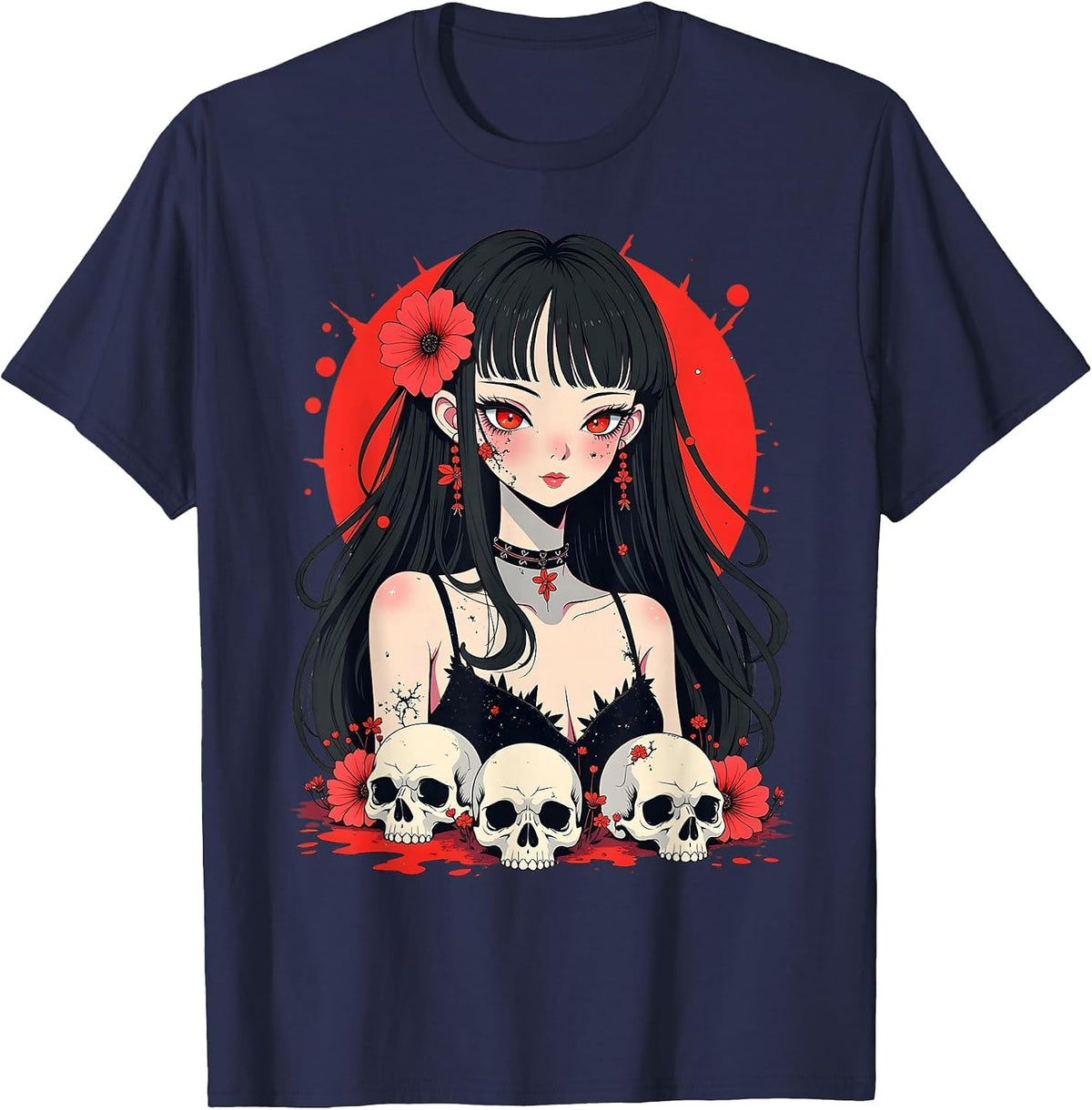 Horror Anime Girl, Aesthetic Japanese Creepy Kawaii Goth T-Shirt - Navy Blue