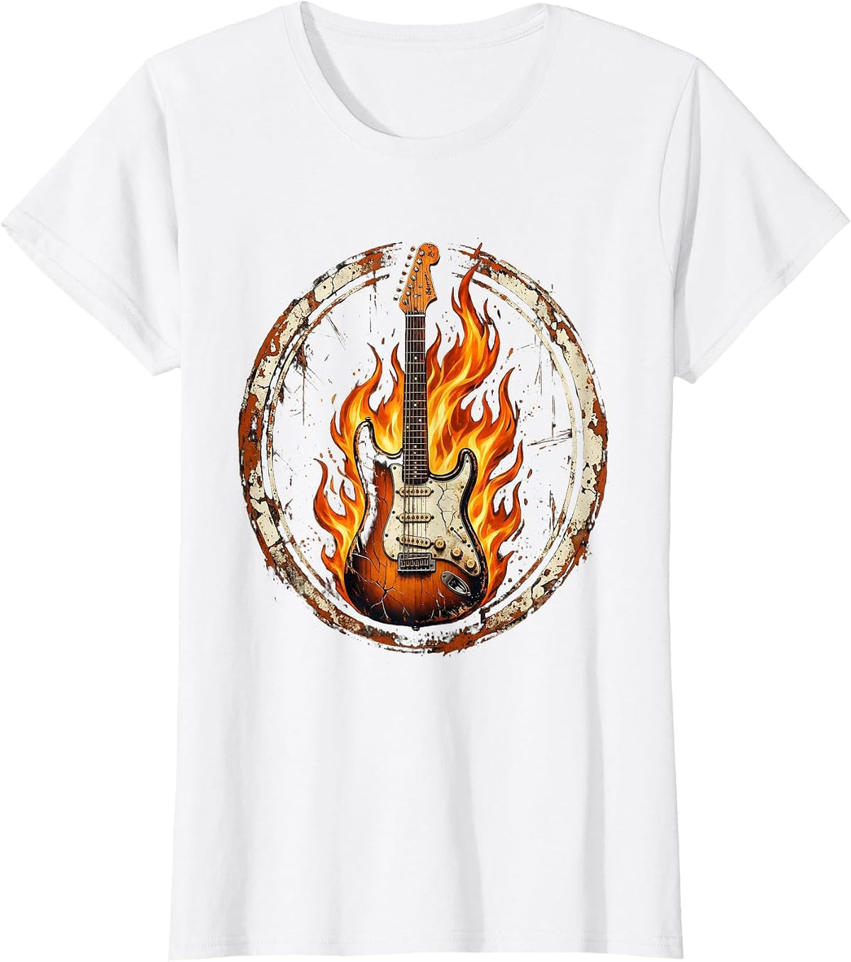 Women's Vintage Rock Electric Guitar Engulfed in Flames T-Shirt - White
