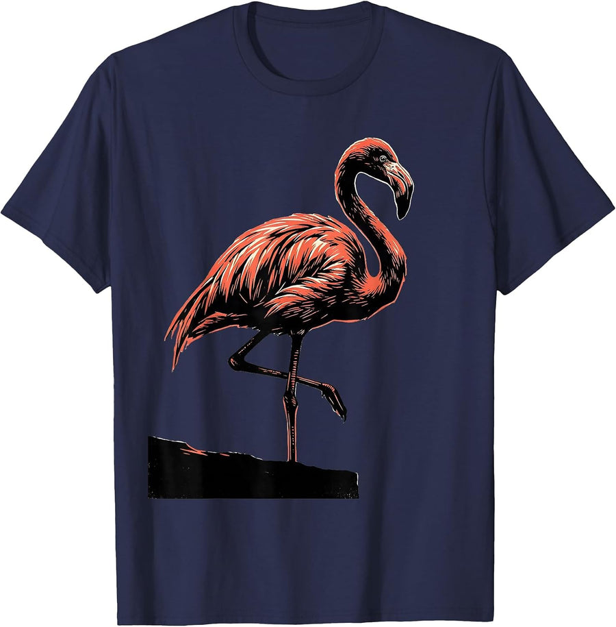 Broad Flamingo Silhouette Linocut Bird Lover Humor T-Shirt - Navy Blue