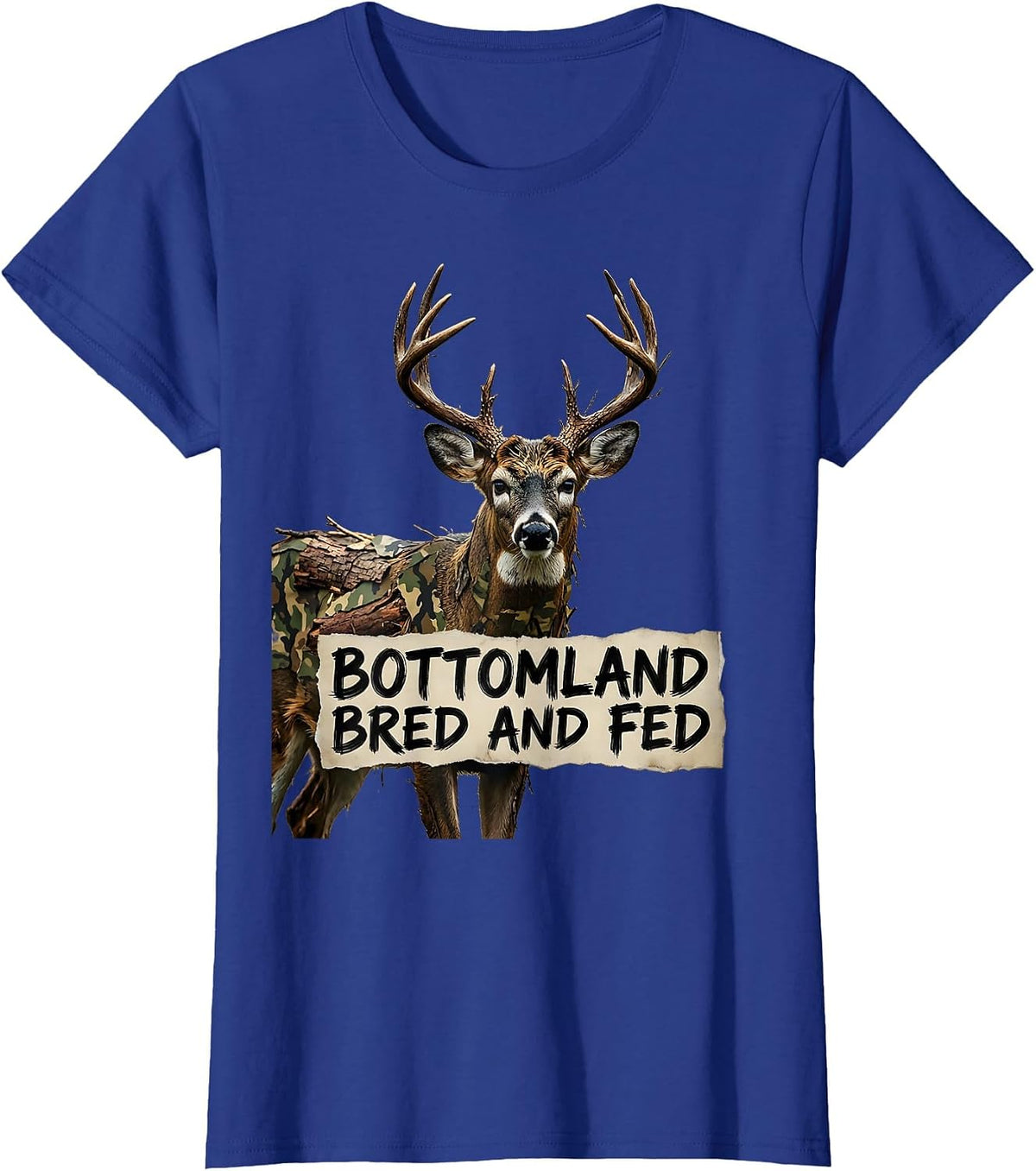 Women's Bottomland Bred and Fed Camo Hunting Design T-Shirt - Royal Blue