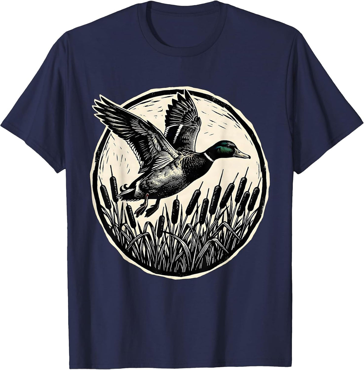 Duck Flying Over Cattail Reeds Nature Illustration T-Shirt - Navy Blue