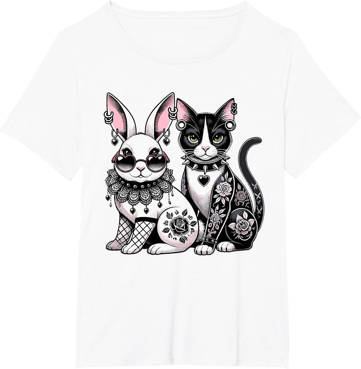 Gothic Punk Cat & Bunny with Tattoos & Piercings T-Shirt - White