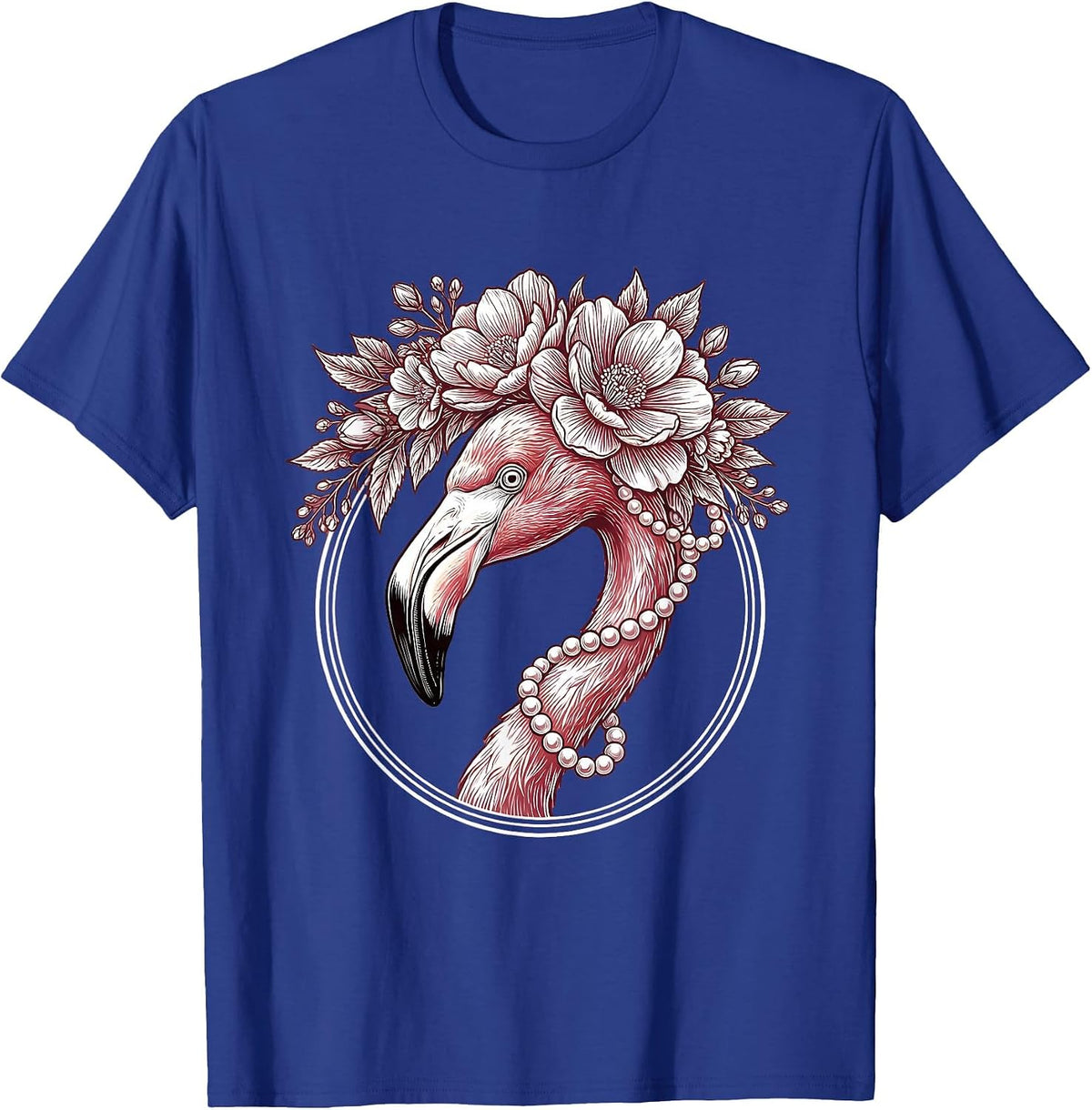 Men's Flamingo Floral Crown and Pearls Illustration T-Shirt - Royal Blue