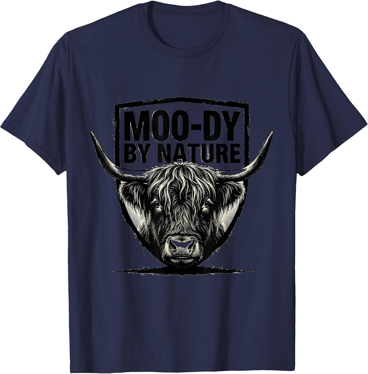Men's Moo-Dy By Nature Funny Highland Cow Farm Animal Humor T-Shirt - Navy Blue