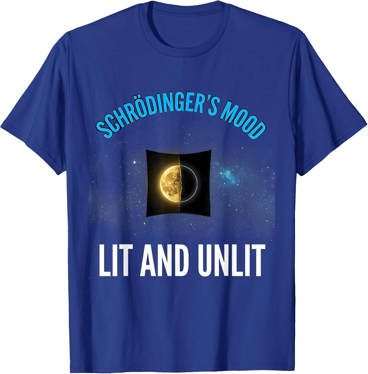 Men's Schrödinger's Mood Lit And Unlit Cosmic Quantum Physics T-Shirt - Royal Blue